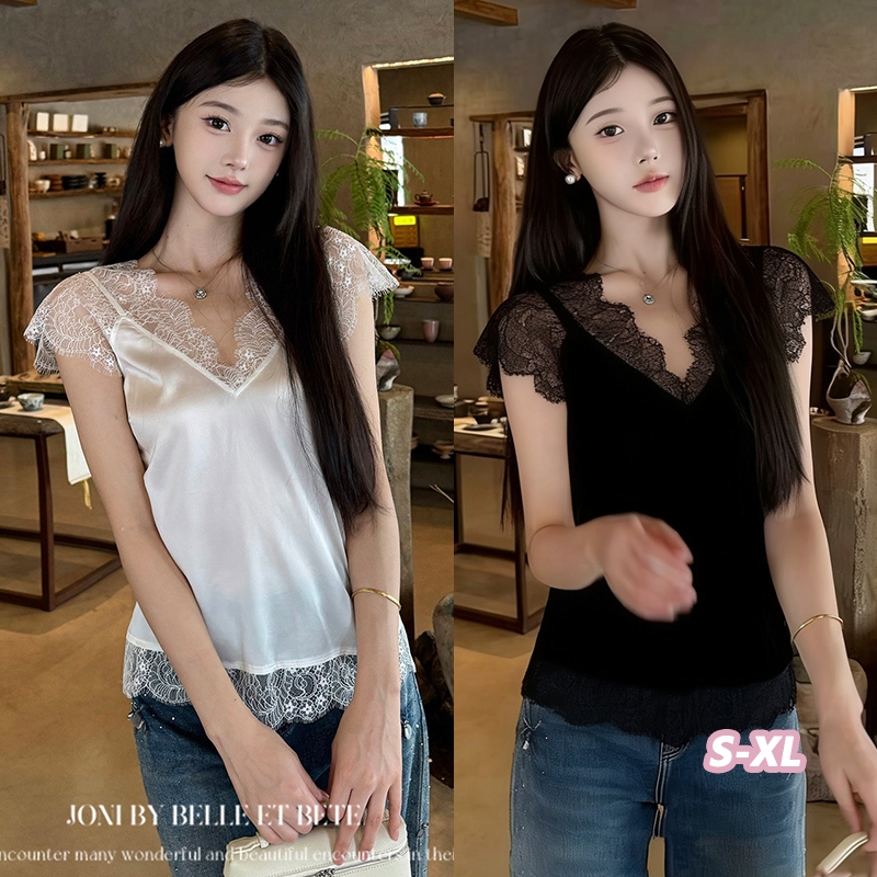 Grace_chili เสื้อยืดผ้าซาตินลูกไม้ เสื้อคอวี สไตล์เกาหลี ผ้าใส่สบายและดีไซน์สวยงาม 99296
