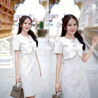 ชุดเดรสผ้าทอลายมัดหมี่ไหมแพรมุก งานแต่งกั๊ก โบว์ด้านหน้า 3 ช…