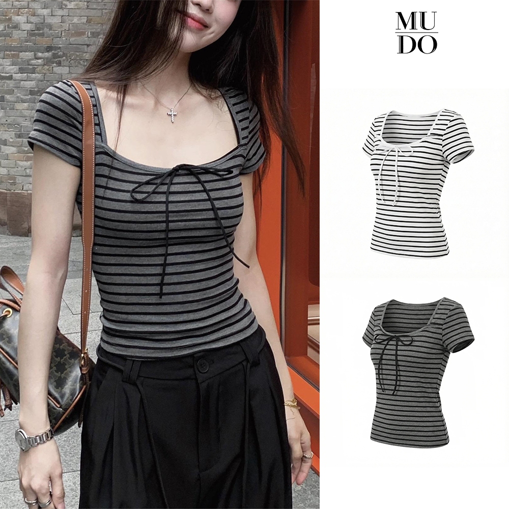 MUDO เสื้อแขนสั้นผู้หญิง รุ่น ทรงเข้ารูป เน้นหุ่นเพรียว ดีไซน์ลายทางสีตัดกัน พร้อมโบว์ผูกและสายปรับได้ สำหรับฤดูร้อน#947
