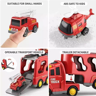5 in 1 Fire Truck Playset Light ของเล่นยานพาหนะที่มีไฟและเอฟเฟกต์เสีย รถบรรทุกวิศวกรรม รถดับเพลิงรถบรรทุกตู้คอนเทนเนอร์