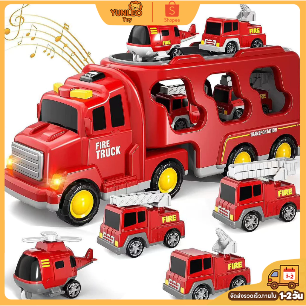 5 in 1 Fire Truck Playset Light ของเล่นยานพาหนะที่มีไฟและเอฟเฟกต์เสีย รถบรรทุกวิศวกรรม รถดับเพลิงรถบรรทุกตู้คอนเทนเนอร์