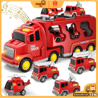 5 in 1 Fire Truck Playset Light ของเล่นยานพาหนะที่มีไฟและเอฟเฟกต์เสีย รถบรรทุกวิศวกรรม รถดับเพลิงรถบรรทุกตู้คอนเทนเนอร์