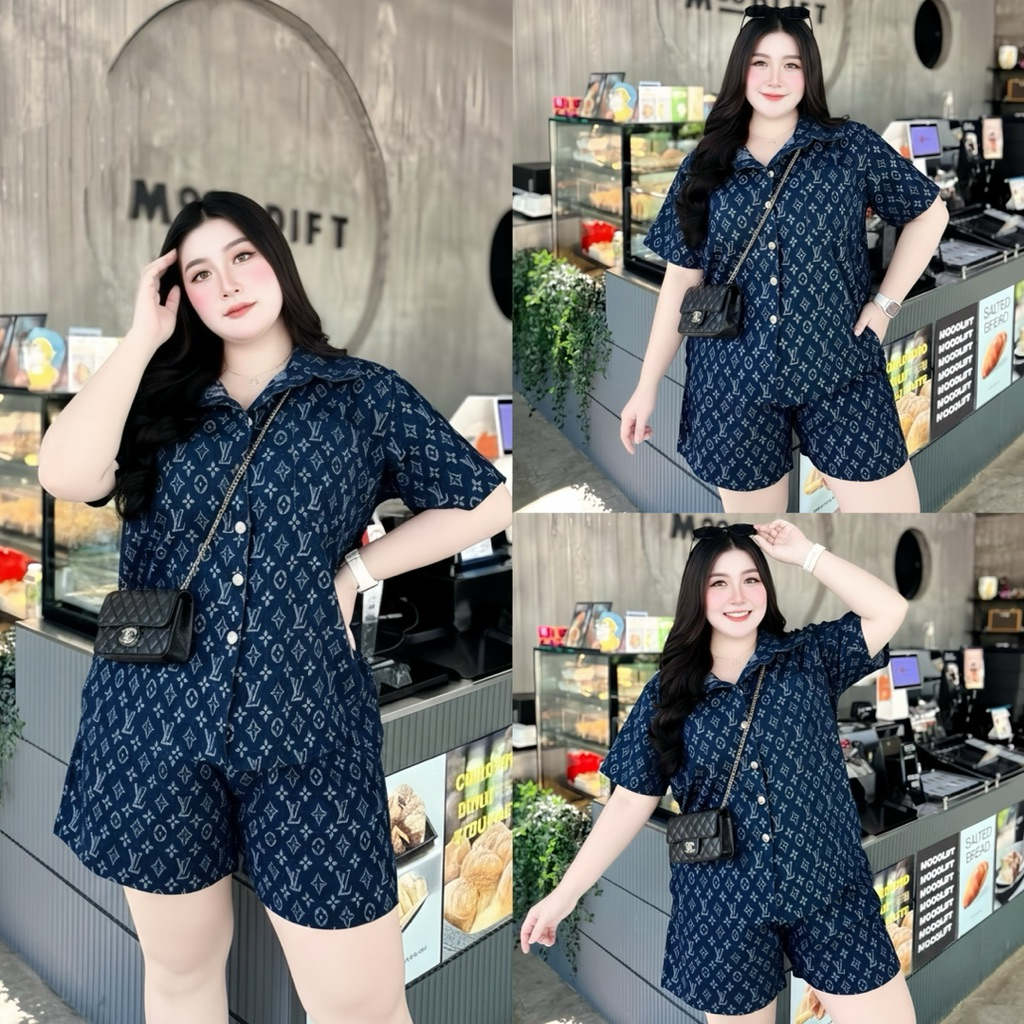 ชุดเซ็ตยีนส์คอปก ขาสั้น สาวอวบอ้วน อก 44-50 นิ้ว