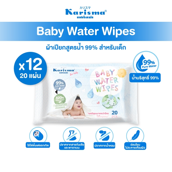 ( NEW ) Karisma แคริสม่า ทิชชู่เปียกสูตรน้ำ ผ้าเปียกสำหรับเด็ก 20 แผ่น