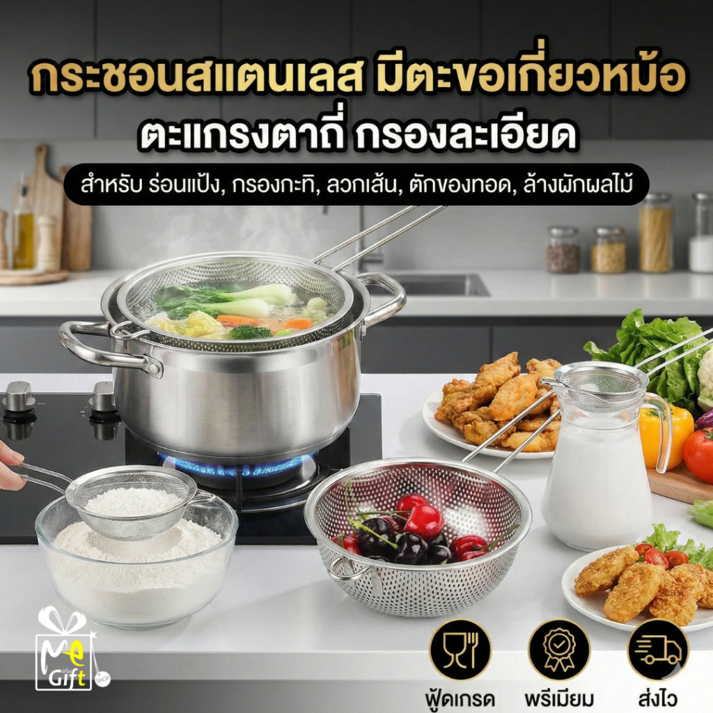 กระชอนสแตนเลส  Food Grade มีตะขอเกี่ยวหม้อ กรองละเอียด ไซส์ใหญ่-เล็ก ตักของทอด กรองน้ำมัน กรองกะทิ ลวกอาหาร พร้อมส่งTH