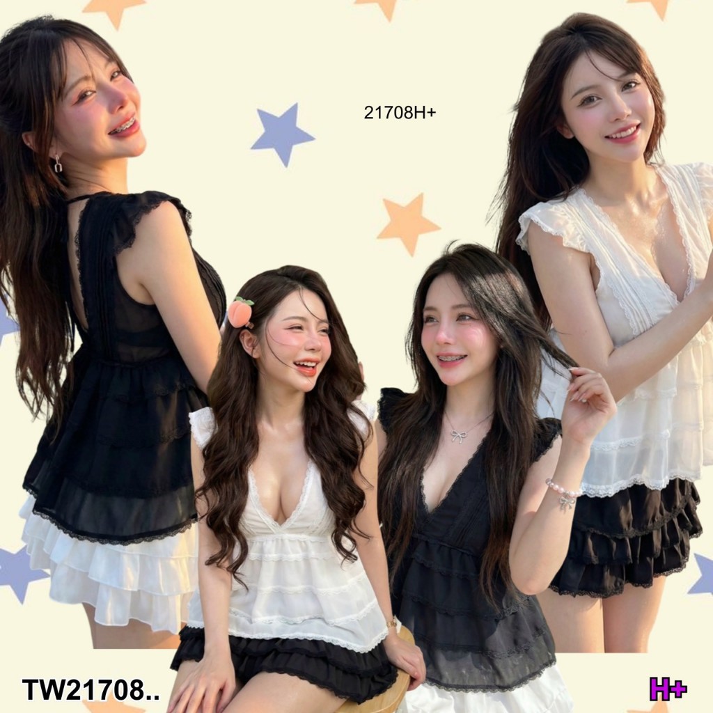 เสื้อคอวี แขนกุด แต่งลูกไม้รอบตัว เชือกผูกหลัง .. TW21708 TwinsShopVip💗พร้อมส่ง