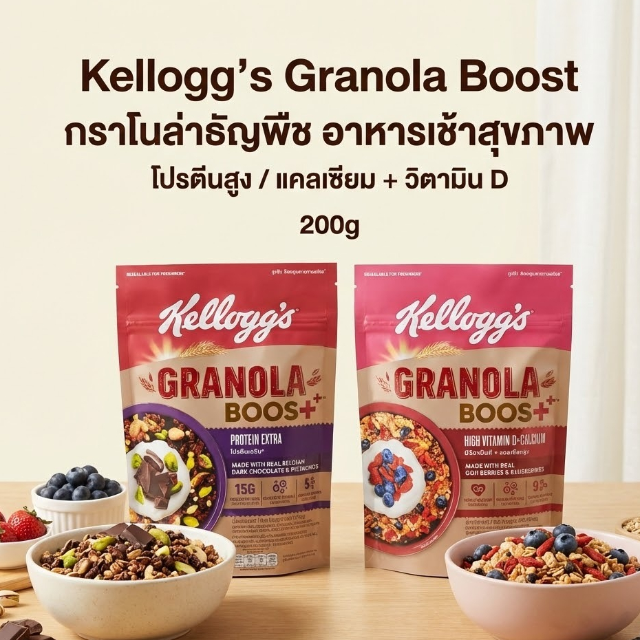 Kellogg’s Granola Boost กราโนล่าธัญพืช อาหารเช้าสุขภาพ โปรตีนสูง / แคลเซียมสูง วิตามิน D ขนาด 200g