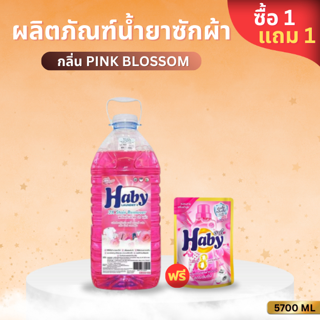 Haby ผลิตภัณฑ์ดูแลผ้า น้ำยาซักผ้า Haby Liquid Detergent กลิ่น Pink Blossom ขนาด 5700ml.แถมฟรี น้ำยาซ