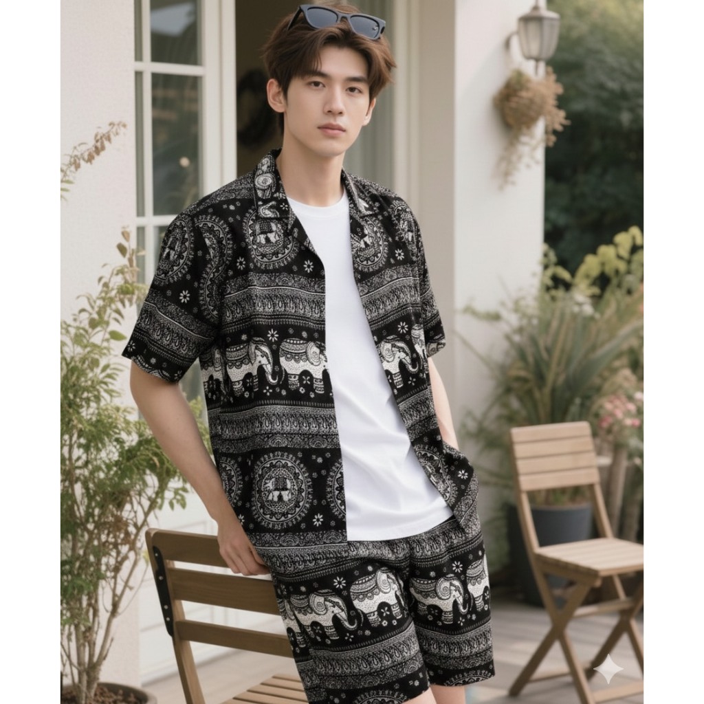 nicha.cnx ชุดช้าง เสื้อเชิ้ต + กางเกงขาสั้น ใส่ได้ทั้งชายหญิง ผ้าเมมเบิร์ต ลายช้าง ราคาถูก พร้อมส่ง ของไทย จากเชียงใหม่
