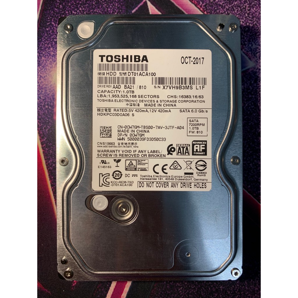 ฮาร์ดดิสก์ PC Desktop 3.5 นิ้ว  ความจุ1 TB TOSHIBA  (DT01ACA100) มือสอง สภาพดี ผ่านการทดสอบแล้ว