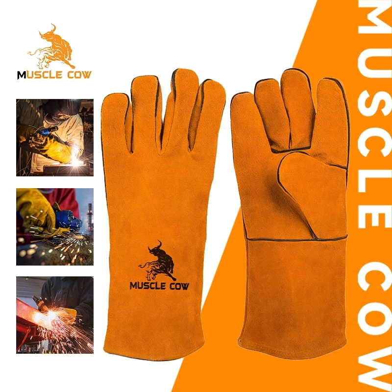 MUSCLE COW ถุงมือหนังงานเชื่อม 10.5" และ13" ทำจากหนังวัวชั้นที่ 2 ทั้งชิ้น เบาและสามารถระบายอากาศได้ดี ถุงมือเชื่อม