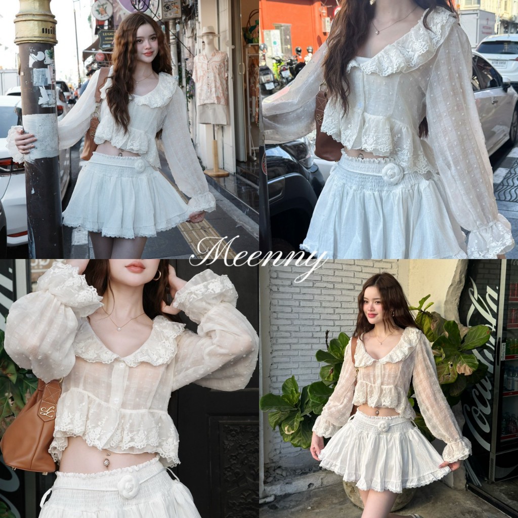 Meenny Closet | RL01 (มีSize) เสื้อทรงคอวีเเต่งลูกไม้สไตล์เกาหลี