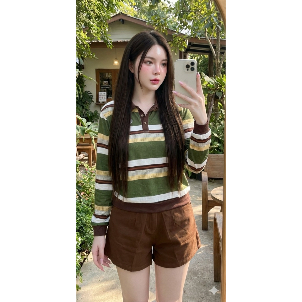 [พร้อมส่ง] NIN9💜 Set2ชิ้น เสื้อคลุมลายทาง กางเกงขาสั้นยีนส์ งานตรงปก💚🤎