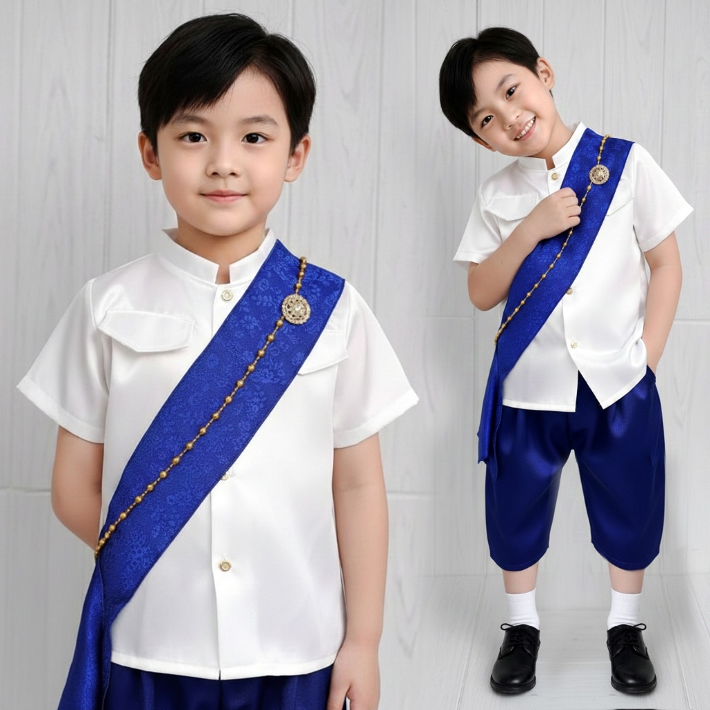 ชุดไทยเด็ก สีดำ สีขาวดำ เจ้าฟ้า ชุดสไบ เด็กหญิง ชุดราชประแตนเด็กชาย เซท3ชิ้น เสื้อ โจงกระเบน ผ้าพาดไหล่ ใช้ผ้าแพรสีดำ - รูปที่ 6