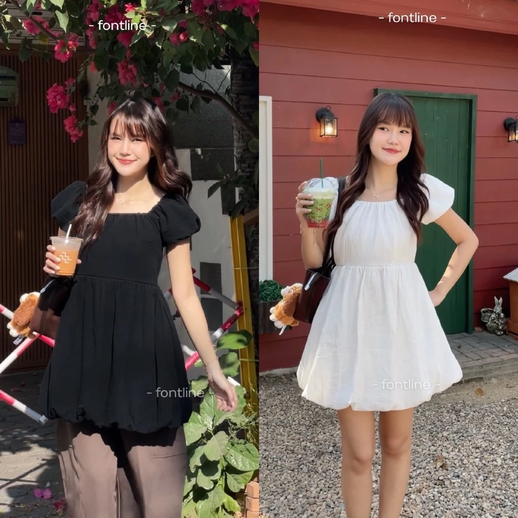 FONTLINE เดรสแขนตุ๊กตา ชายกระโปรงบอลลูน ผ้าสาลู2ชั้น ใส่สบายผ้านิ่ม มีซับด้านใน cotton salou เดรสน่ารัก (V77)