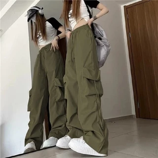 กางเกงทำงานสีดำเอวสูงกางเกงกีฬาลำลองทรงหลวม กางกางผู้หญิงwomen cargo pants กางเกงคาร์โก้ พร้อมส่งจากกทม