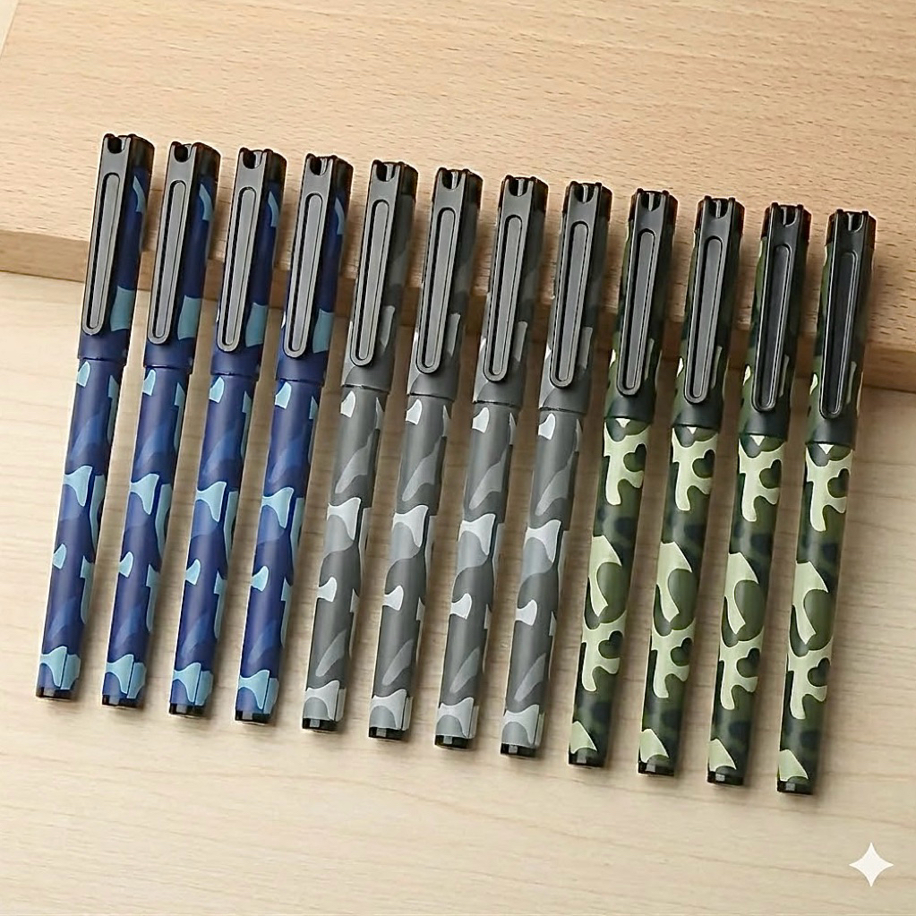 (12 ชิ้น) ปากกาเซ็นชื่อ ลายทหาร 0.5 mm เขียนลื่น คมชัด แข็งแรง ปากกาเซ็นชื่อ เซ็นเอกสาร ปากกาเจล สีน้ำเงิน ปากกาลายพราง