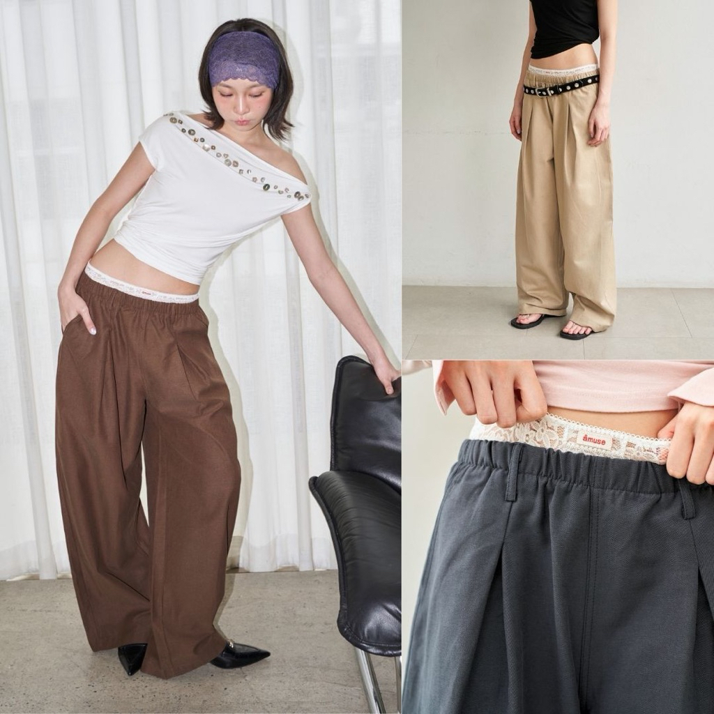 AMUSE BKK - Sunny Layer Pants กางเกงเลเยอร์ขอบเอวลูกไม้ ทรงขากว้าง