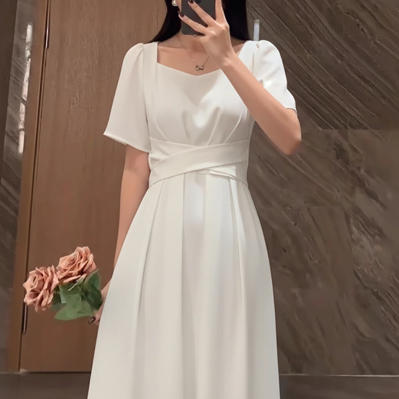 【EVIOVIO】🌈S-4XL👗เดรสยาว แขนพอง คอเหลี่ยม มีสายรัดเอวเข้ารูป สง่างาม ใส่ทำงาน เดรสสาวอวบ พลัสไซซ์