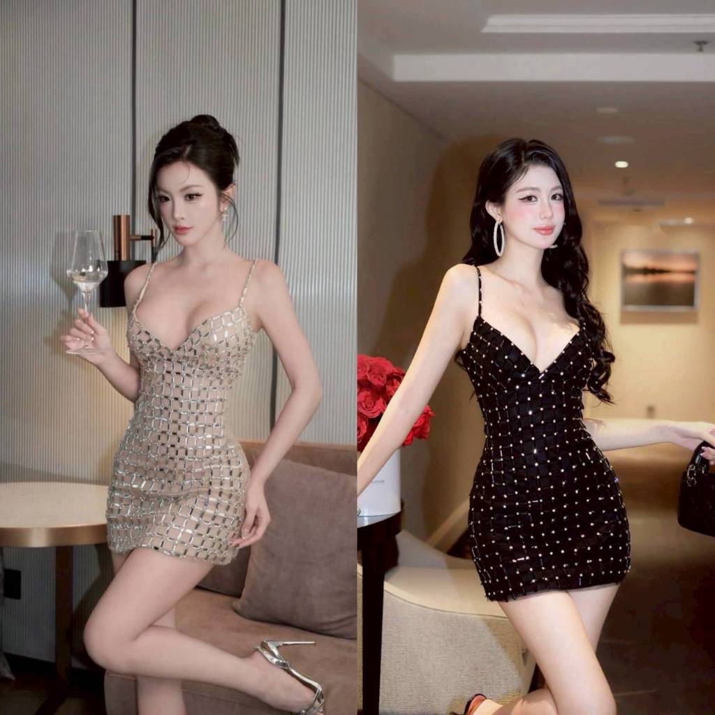 TBB BRAND : Daimons Material Stone มินิเดรสอะไหล่เพชรทรงเหลี่ยม Premium Material