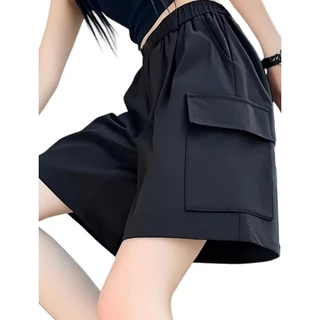 Korean Style กางเกงคาร์โก้ขาสั้นผู้หญิงฤดูร้อน ดีไซน์กระเป๋าใหญ่ Shorts เอวสูง ทรงหลวม สบายๆ กางเกงขาสั้น