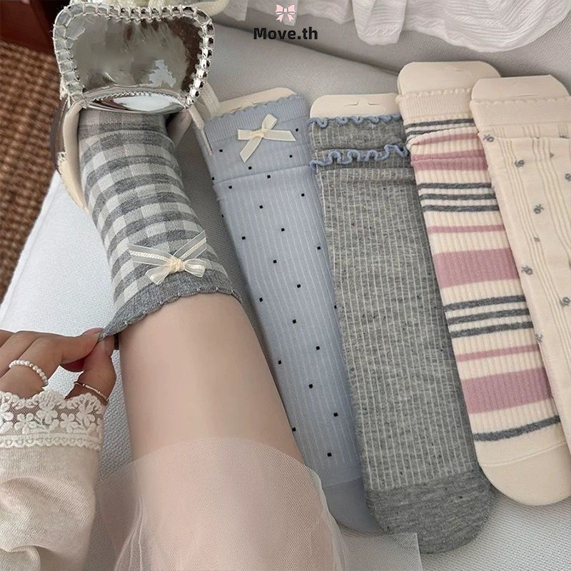 ในไทย-พร้อมส่ง ถุงเท้าฤดูร้อนแบบบาง ยาวถึงกลางน่อง สำหรับผู้หญิง ระบายอากาศได้ดี ถุงเท้าแบบซ้อนกัน สไตล์บัลเล่ต์