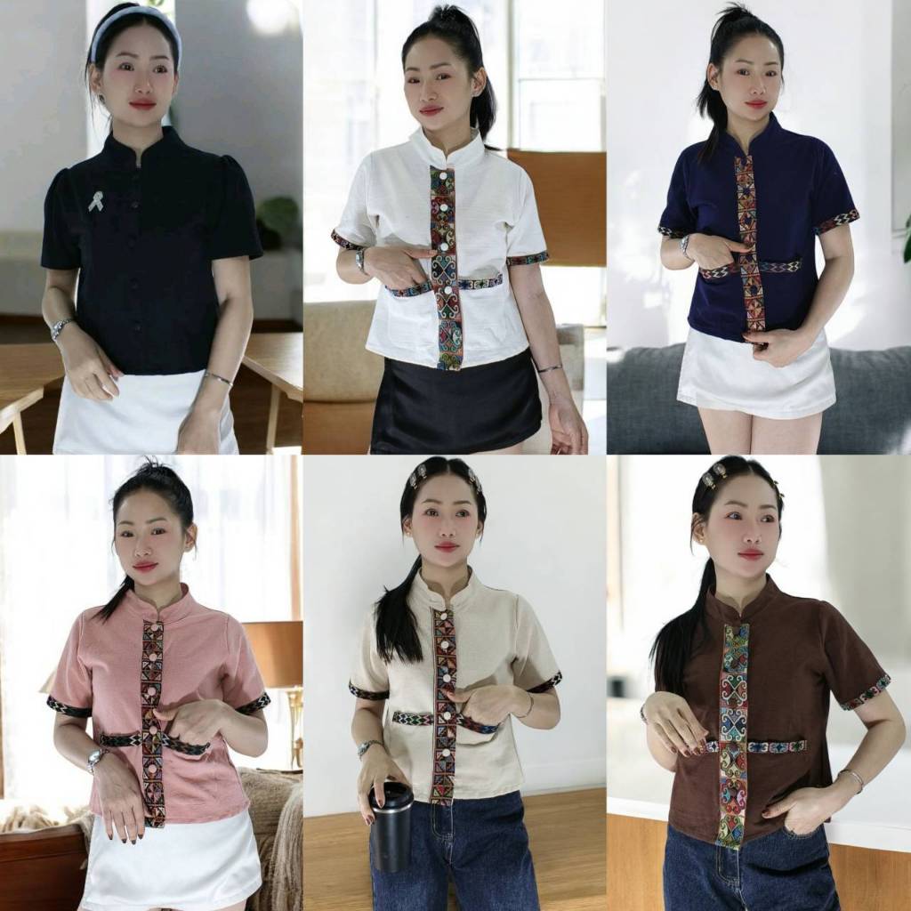 Kik pha fai A11.คอจีนสีพื้นแขนสั้นแขน[ผ้าฝ้ายแท้ไม่ตกสี]