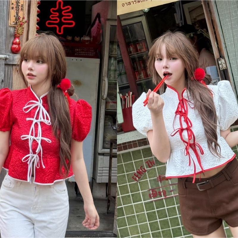 เสื้อตรุษจีน เสื้อคอจีน ผ้าแจ็คการ์ด ดีเทลผูกโบว์ด้านข้าง น่ารัก