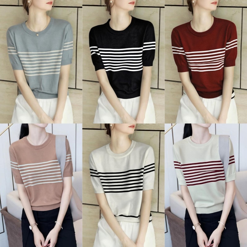 👚Anna👚 เสื้อถักแขนสั้นคอกลมสำหรับผู้หญิงลายทางคลาสสิกสไตล์สปอร์ตทันสมัยผ้านุ่มและยืดหยุ่นมีให้เลือกหลายสี 88057