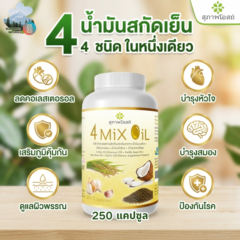 4 Mix Oil รวม 4 น้ำมันสกัดเย็น ลดไขมันในเลือด บำรุงหัวใจ สมอง ระบบประสาท ภูมิคุ้มกัน ดูแลสุขภาพ(250แคปซูล)