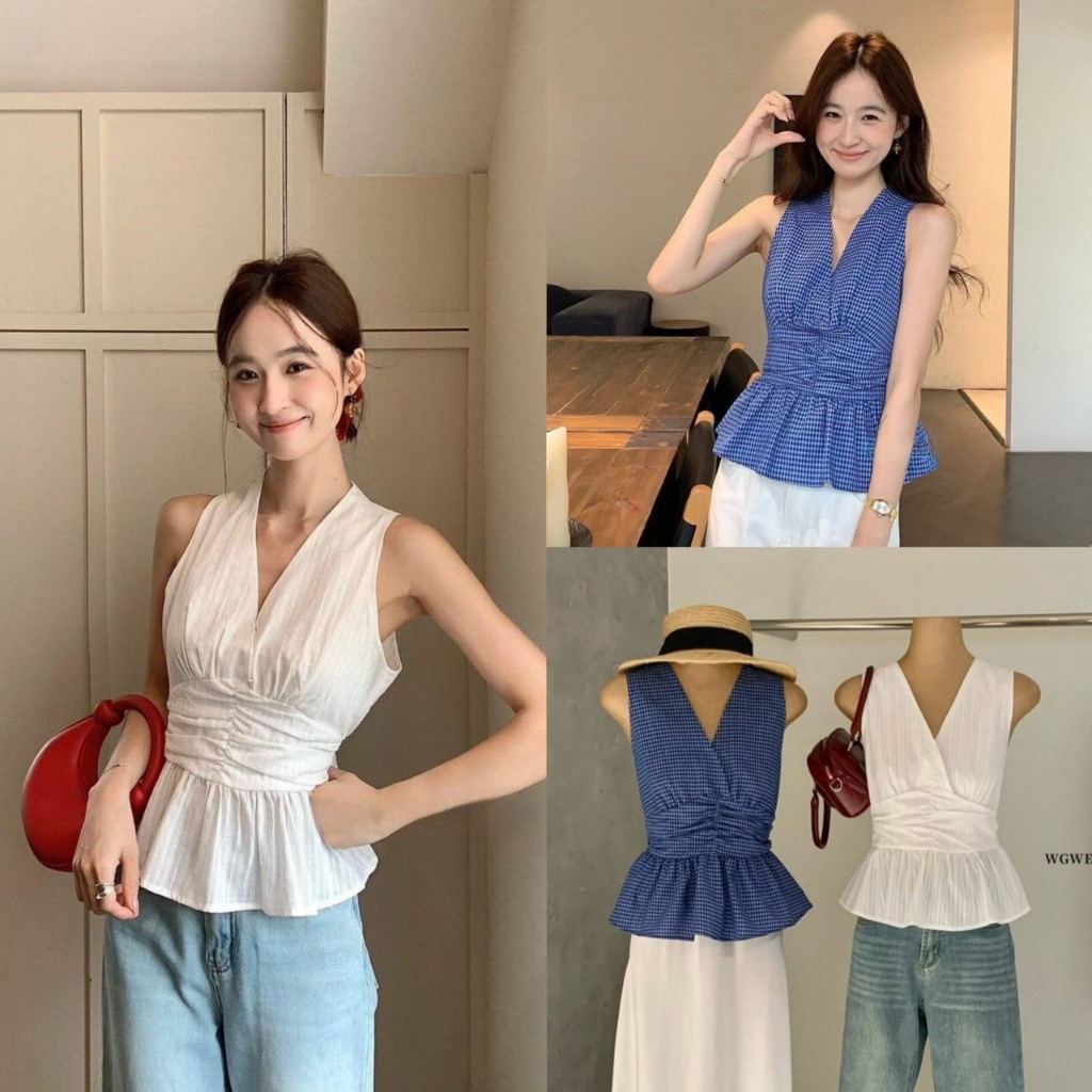 (พร้อมส่ง) เสื้อแขนกุดคอวีชายระบายรุ่น 8885 TAG WG.WE 🇰🇷
