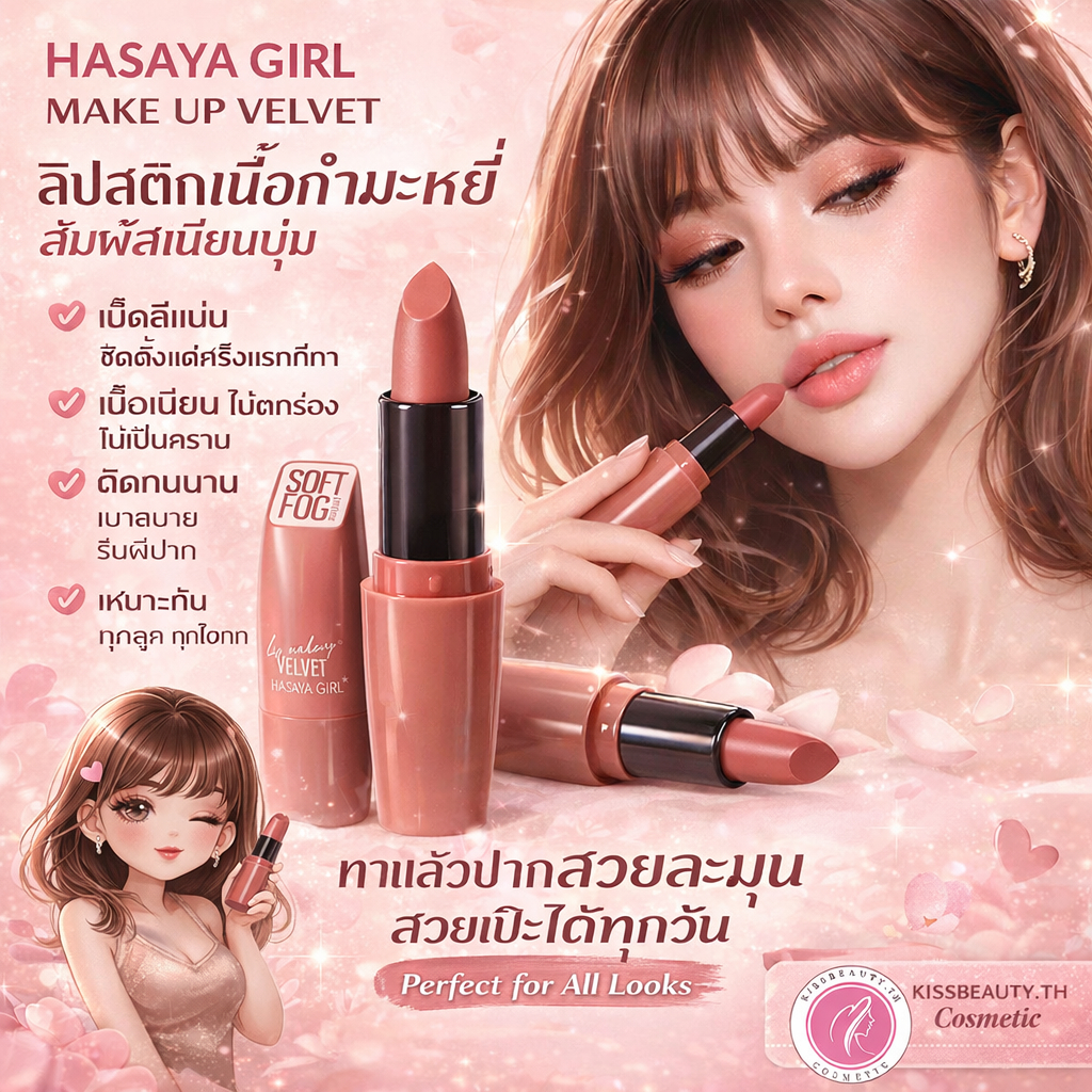 HASAYA GIRL MAKE UP VELVET ลิปสติกเนื้อเนียน เม็ดสีแน่น ทาไม่ตกร่อง เหมาะกับทุกลุค