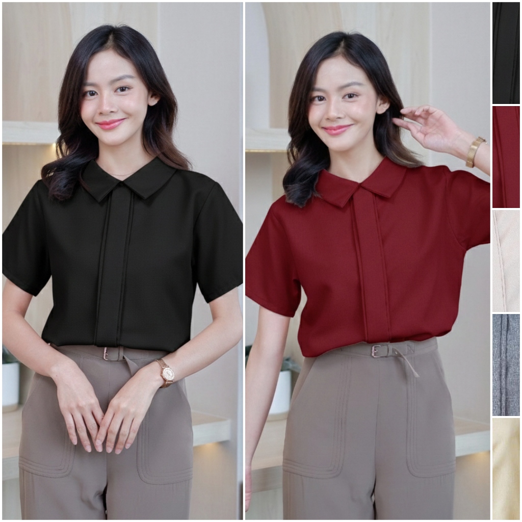 E05 เสื้อทำงานผู้หญิง แขนสั้น คอปก แฟชั่น แต่งสาบหน้า ชุดทำงาน ผู้หญิง Easter Egg