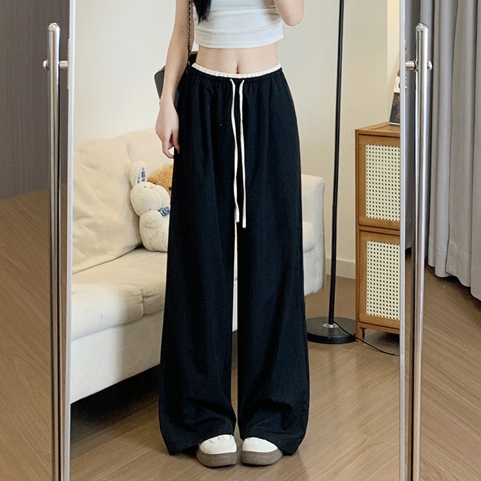 2026 ฤดูร้อนกางเกงผอมตรงผู้หญิงพื้นผิวอ่อนนุ่ม Splicing กีฬากางเกงขายาวลำลองกางเกงน้ำแข็งขากว้าง