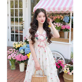 (มี3XL) Maria Diamond สีขาว Summer Tulip Dress เดรสยาวผ้าชีฟองปักทิวลิป แต่งโบว์หน้า แขนสั้นตุ๊กตา ซิปหลัง มีซับใน