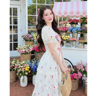 (มี3XL) Maria Diamond สีขาว Summer Tulip Dress เดรสยาวผ้าชีฟองปักทิวลิป แต่งโบว์หน้า แขนสั้นตุ๊กตา ซิปหลัง มีซับใน