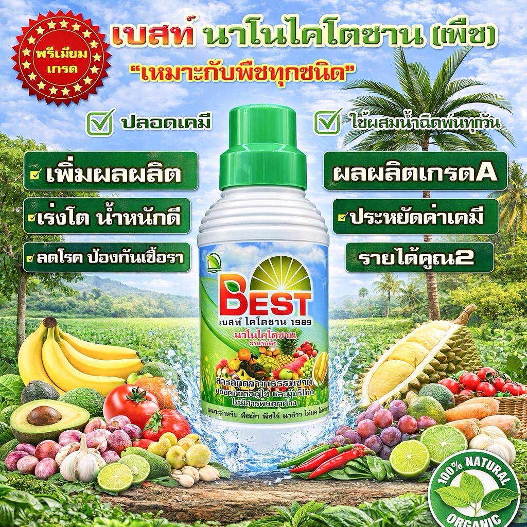 Best เบสท์ นาโนไคโตซาน(พืช) *เร่งโตโดยธรรมชาติ* เกรดพรีเมียม (สำหรับพืชทุกชนิด) 1ขวด(1ลิตร)