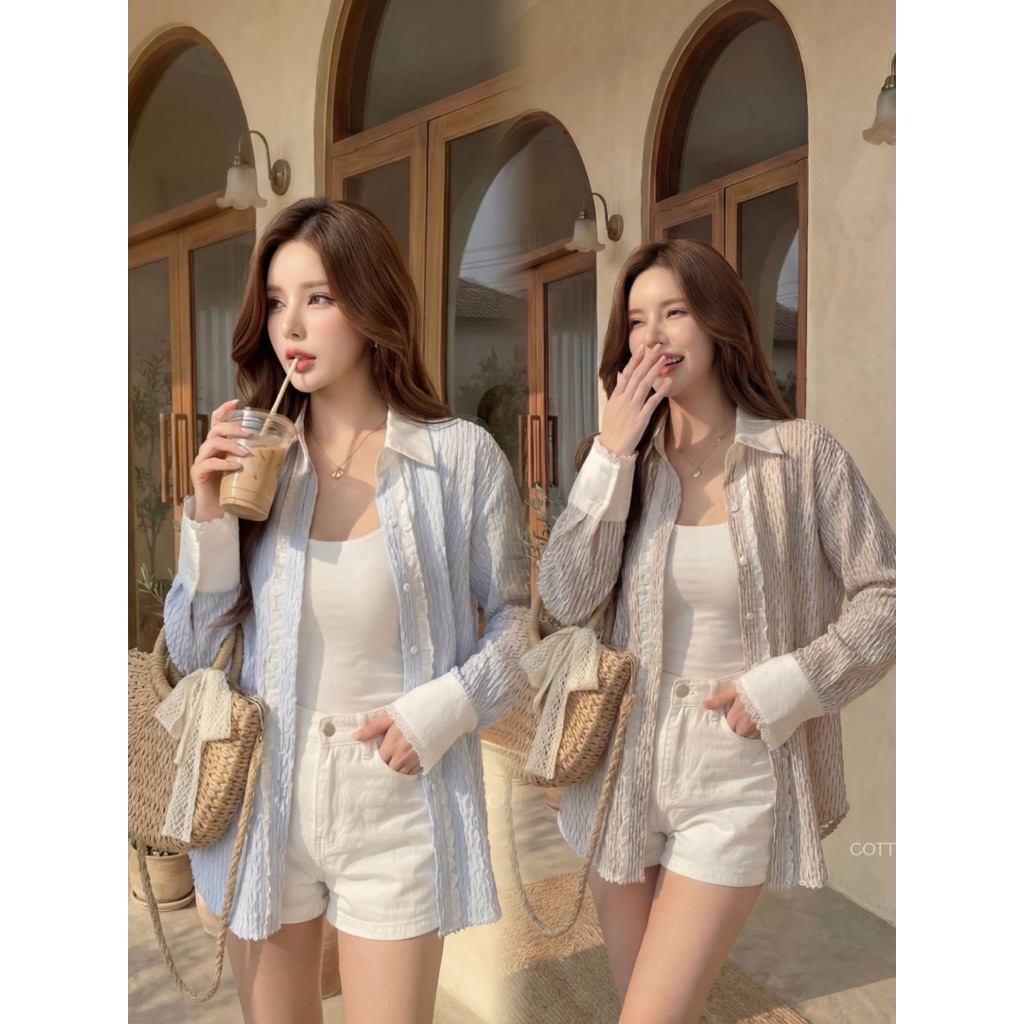 #Cotton Candy🍭เสื้อเชิ้ต ฟ้า/น้ำตาล New Ladda korea sweet