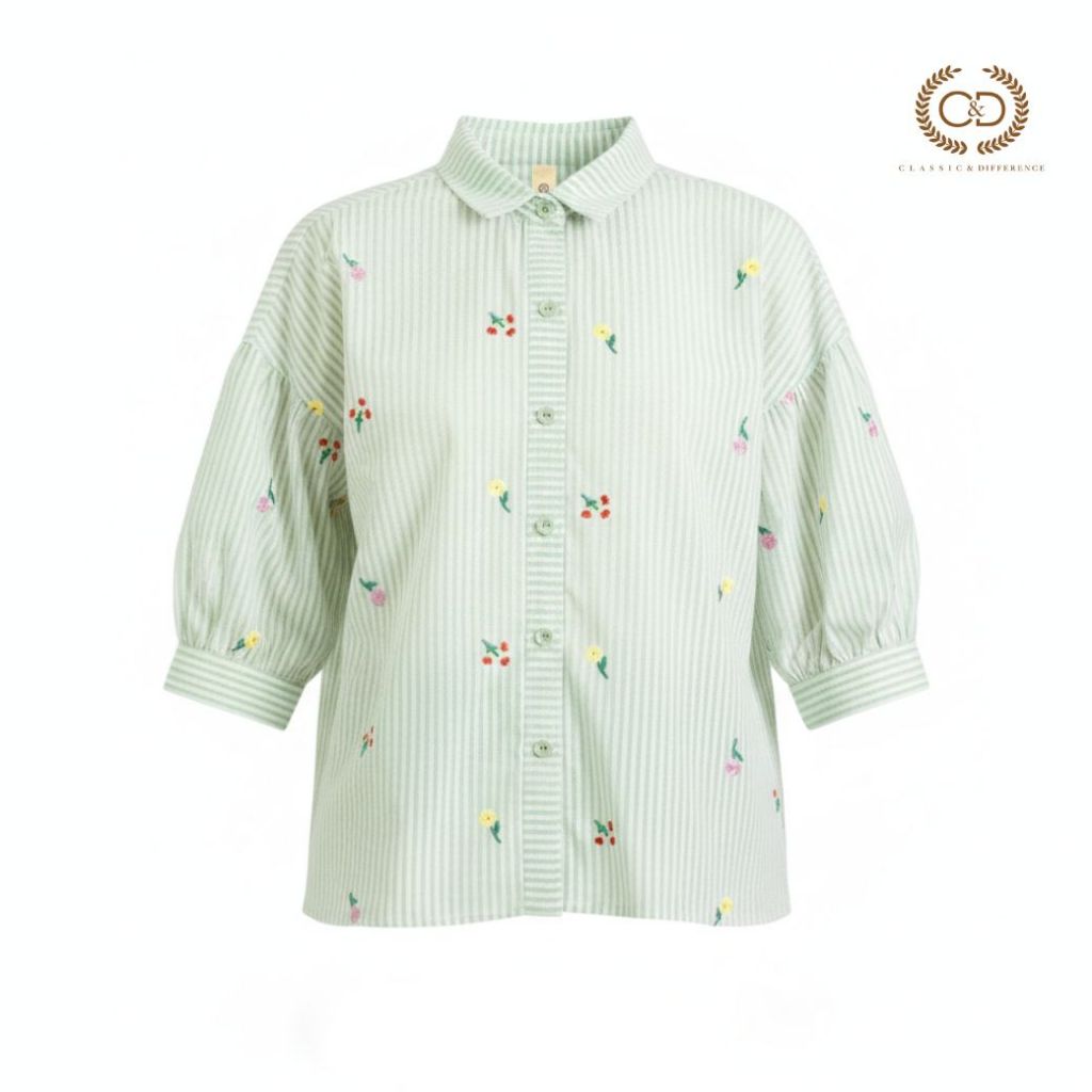 C&D Woman's blouse Komohana Stripe Green เสื้อผู้หญิง แขนสั้น สีเขียว CC73GR