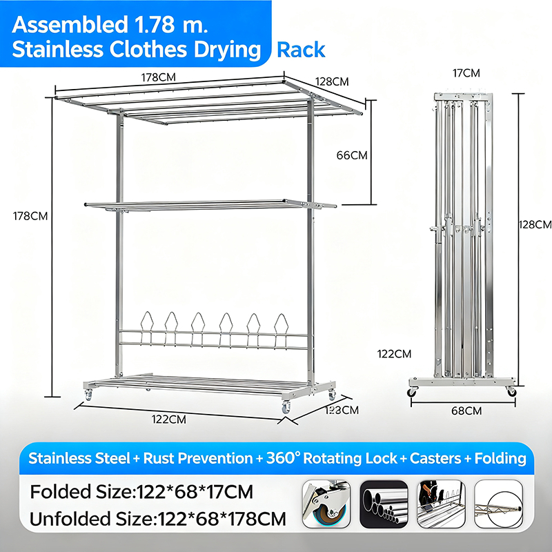 ราวตากผ้าสแตน ราวตากผ้า สแตนเลส 304 ราวตากผ้า drying rack ราวตากผ้าแสตนเลสวางของได้ ราวแขวนผ้าสแตนเลสพับได้ ตู้แขวนผ้าทน - รูปที่ 6