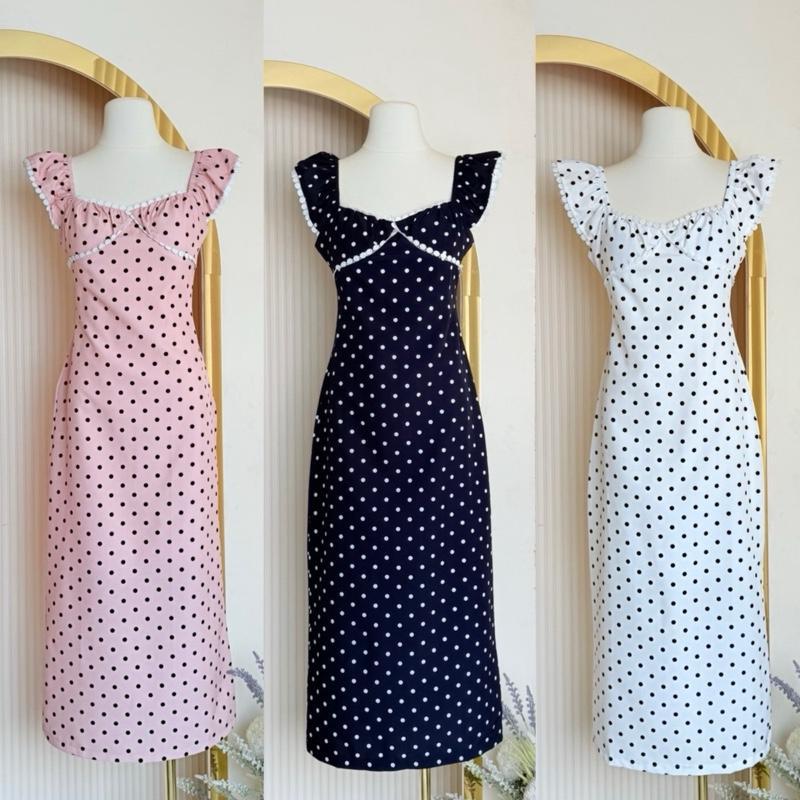 [LISA] A1325 ชุดเดรสกระโปรงยาวแขนระบายแต่งลูกไม้ช่วงอกลายโพกาดอท ลุคคุณมาก ใส่เที่ยว ดินเนอร์ คาเฟ่ - รูปที่ 2