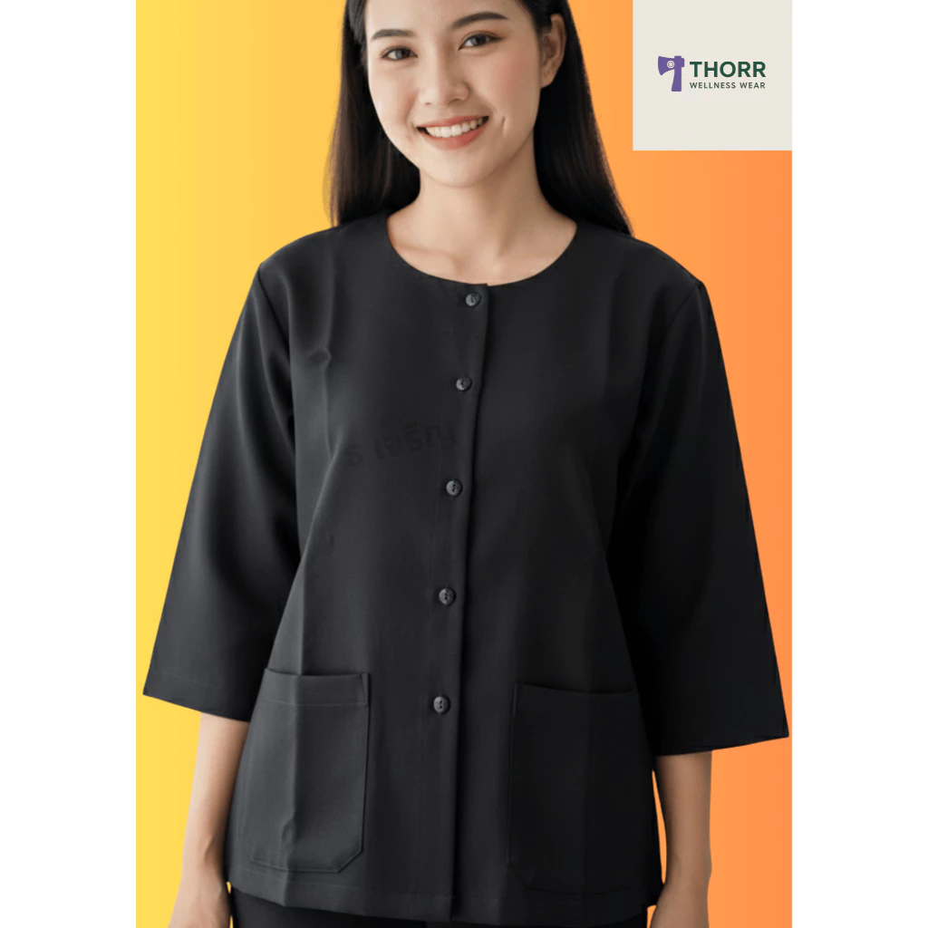 รัตนาภรณ์ เสื้อคอกลมผู้หญิง สีดำสุภาพ แขนสามส่วน ผ้าลื่นสแปนเด็กซ์/โซล่อน (เสื้อชีพราหมณ์) พร้อมส่ง