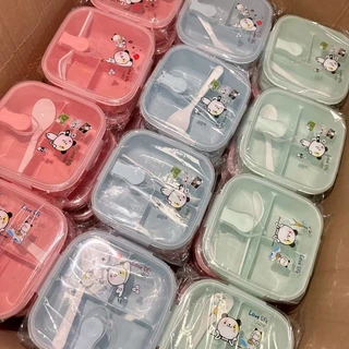 [ยกโหล12ใบ] กล่องข้าวเหลี่ยม 3ช่อง มีช้อน คละสี