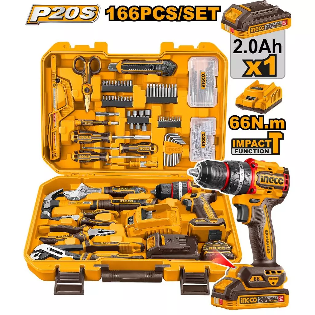 (รุ่นใหม่) INGCO ชุดเครื่องมือ 166 ชิ้น + สว่านกระแทกไร้สาย 20V BL (66N.m) รุ่น HKTHP41662 ครบเซตพร้อมแบตและแท่นชาร์จ