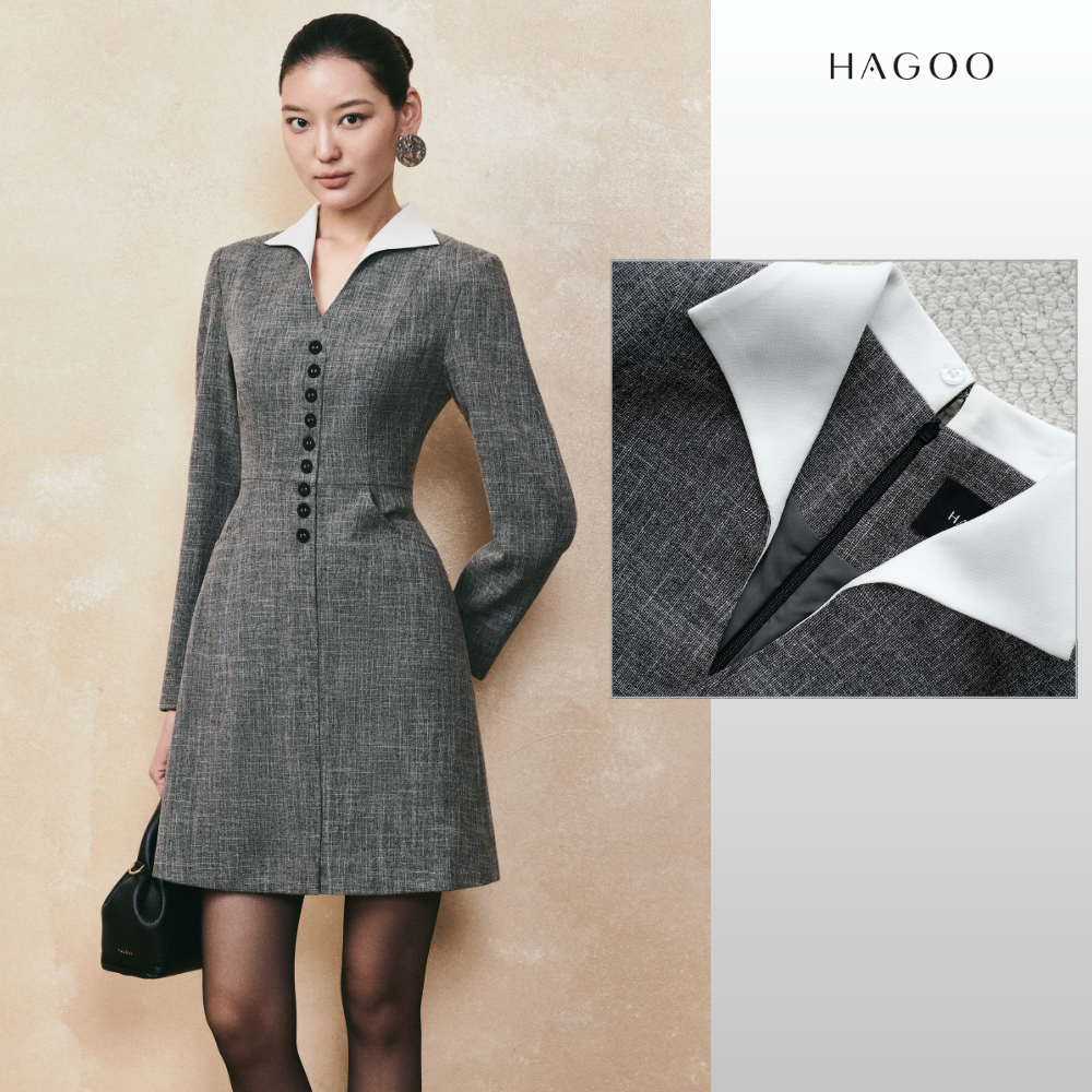 HAGOO เดรสสั้นทรง A คอวี ดีไซน์พับหน้า ลุคสุภาพหรู [V9037]