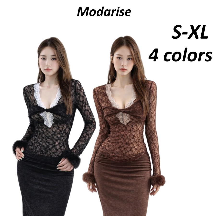 Modarise  เสื้อแขนยาวผู้หญิง ดีไซน์เซ็กซี่ ลูกไม้ต่อ ผ้าขนนุ่ม ใส่แล้วดูผอม