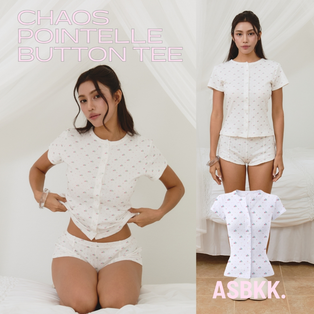 ASBKK : Chaos Pointelle Button White Tee - เสื้อยืดสีขาว กระดุมพิมพ์ลายดอกไม้
