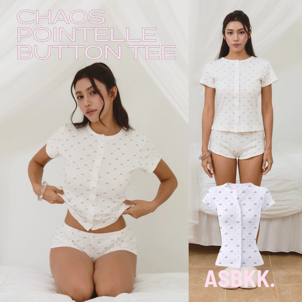 ASBKK : Chaos Pointelle Button White Tee - เสื้อยืดสีขาว กระดุมพิมพ์ลายดอกไม้