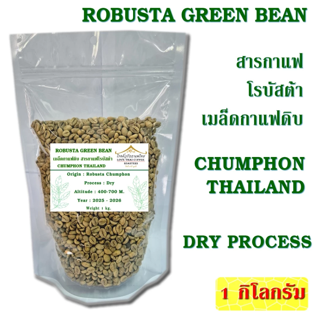 สารกาแฟโรบัสต้า ภาคใต้ ชุมพร Dry Process ปี 68-69 ขนาด 1 กิโลกรัม / Robusta Green Bean 1 KG.