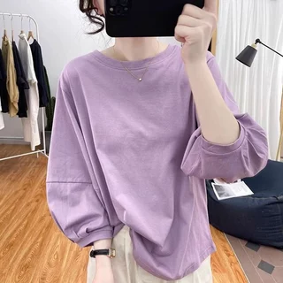 เสื้อยืดแขนยาวทรงหลวมสไตล์เกาหลี สีพื้น Oversize เสื้อผ้าสาวอวบมินิมอลน่ารักๆ เสื้อแขนบอลลูนแฟชั่นสวยๆผู้หญิงฤดูร้อนใหม่